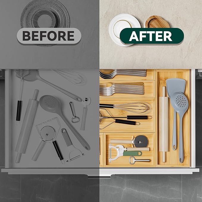 Lixple Bamboo Drawer Organizer, Small Silverware Organizer for Kitchen Drawer, Stackable Utensil Tray, 2 Pcs Flatware Organizer, Bamboo 6" x 3" x 2" (Outer), 5.3" x 2.3" x 1.77" (Inner)