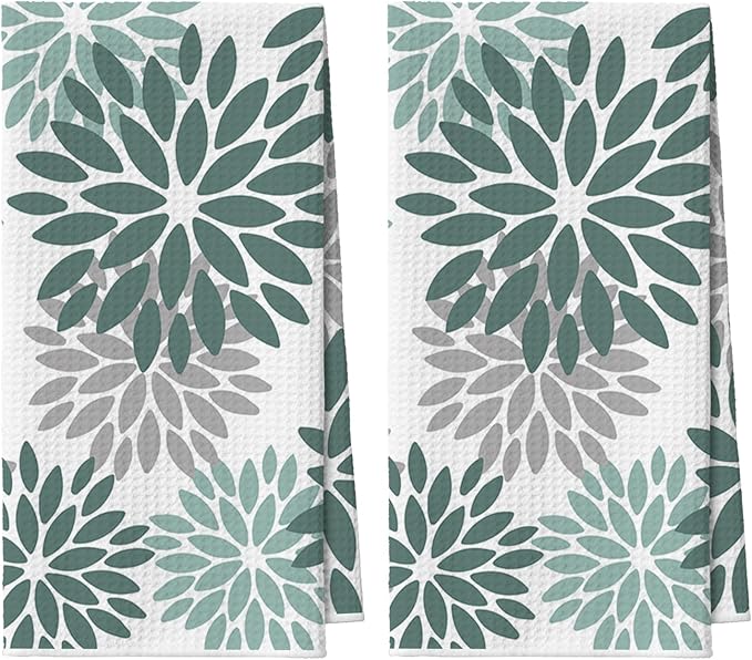 Artoid Mode Green Dahlia Floral Bar Kitchen Towels, 12x24 Inch Quick Dry Microfiber Cloth Dish Towels for Kitchen Drying Set of 2