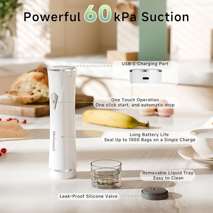 Mehomeli Compact Vacuum Sealer for Food (Vacuum Sealer Machine + 20 Reusable Vacuum Bags), Powerful Handheld Vacuum Sealer Machine, Seal Food 6X Fresh Longer, Portable & Wireless, Easy-Clean