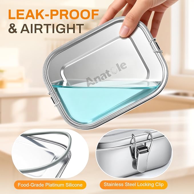 Anatole 304 Stainless Steel Bento Box 49oz 1450ml Leak-Proof Lunch Box 3 Compartments with 2 Removable Dividers 1 Sauce Container BPA Free Dishwasher Safe Food Container for Adults Work Travel