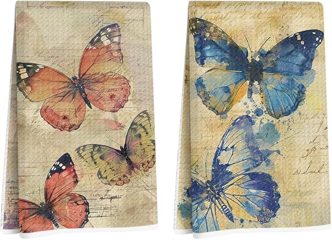 2 Pcs Vintage Butterfly Kitchen Towels, Watercolor Decorative Absorbent Microfiber Dish Cloth Tea Towel, Artistic Waffle Soft Hand Towels for Farmhouse Home Bathroom, Butterfly Gifts 1