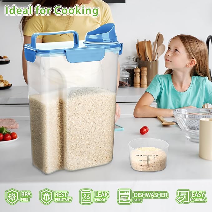 Viretec Rice Storage Container, 5 to 10lb Dry Food Airtight Dispenser, Pet Dog Cat Food Canister, BPA Free Clear Plastic Kitchen and Pantry Bin for Oatmeal, Cereal, Pasta, Flour Pack of 2 Blue