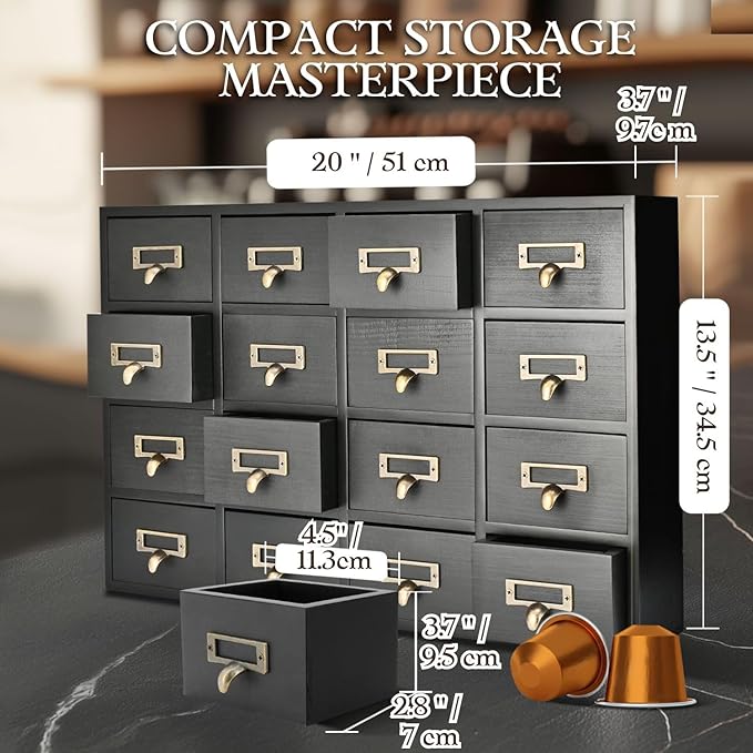 Flexzion Apothecary Cabinet with Drawers - 16 Vintage Apothecary Drawers Desktop Organizer for Home & Office - Wooden Tabletop Library Card Catalog Cabinet Storage for Jewelry, Makeup & Tools, Black