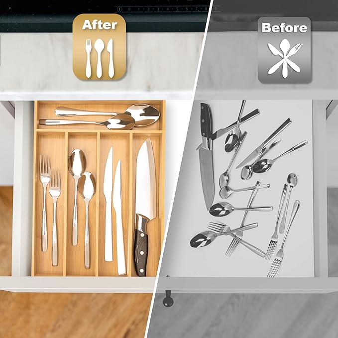 Silverware Organizer Bamboo Kitchen Drawer Organizer Utensil Organizer Silverware Holder Cutlery Organizer in drawer Flatware Organizer Tray (Natural 5 Slots)