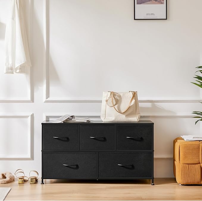 OLIXIS 5 Drawers Dresser for Bedroom, Fabric Storage Tower for Living Room, Entryway, Sturdy Steel Frame, Wooden Top & Easy Pull Fabric Bins
