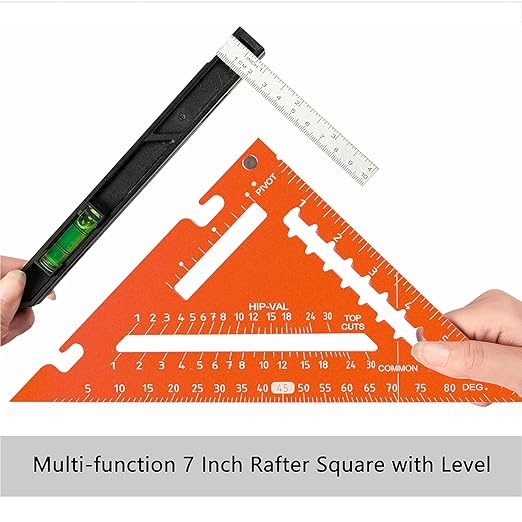 Beslands 7 inch Rafter Square with Level, Aluminum Metal Triangle Ruler Carpenter Square Woodworking Layout Tool Aluminum Triangle Tool Stainless Steel Ruler (Orange)