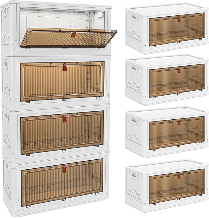 YFXCVSL 4 Tier Storage Bins with Lids 102QT, Stackable Storage Containers with Wheels, Folding Boxes, Extra Large Collapsible Bins, White