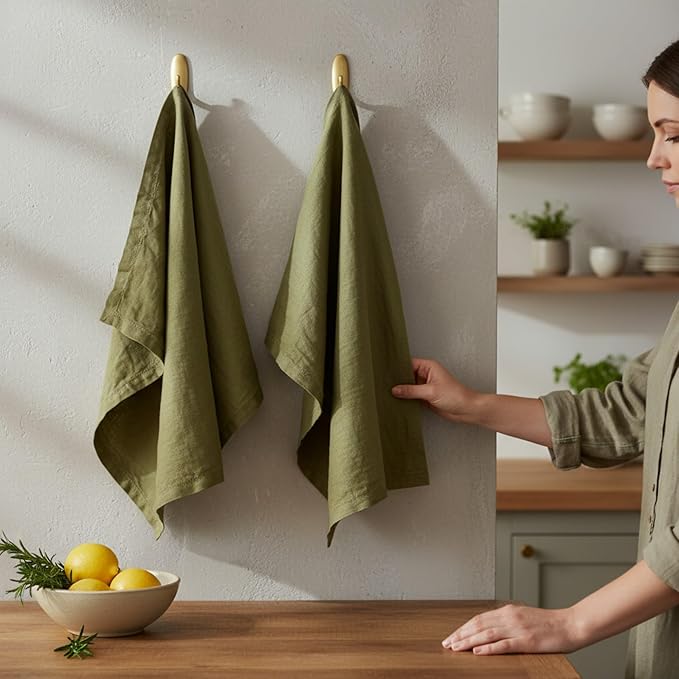 Linen Kitchen Dish Towels – 20” x 27” – 100% Pure Stonewashed Linen Hemstitch Hand Towel/Tea Towel - Set of 2 (Olive Green)