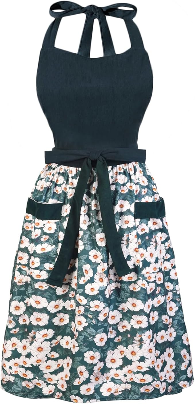Cute Floral Aprons for Women with Pockets,Cotton Adjustable Neck Strap Apron for Kitchen Cooking Baking Gardening