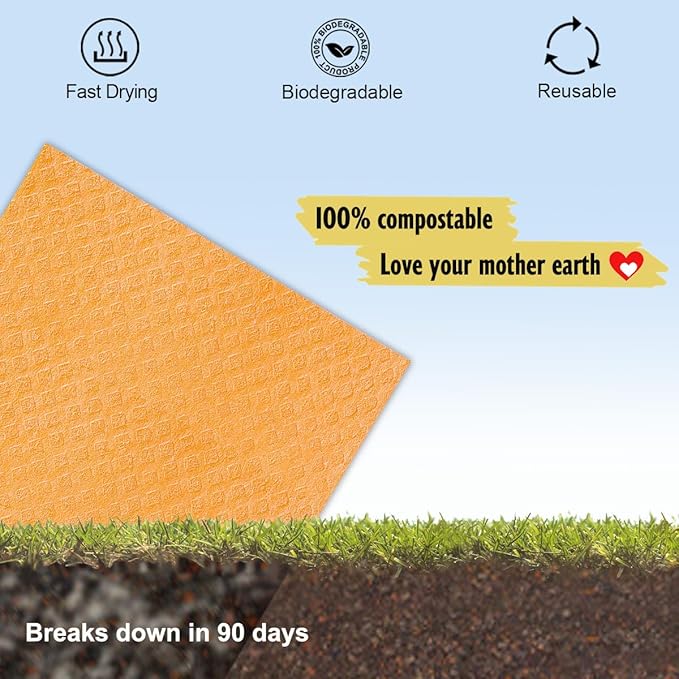 MoLKENE Swedish Dishcloths for Kitchen | 6 Pack Absorbent Cellulose Sponge Cloths Washable | Non-Scratch Reusable Paper Towels Quick Drying Cleaning Cloths - Orange