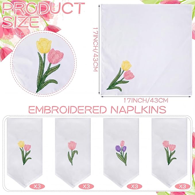 HunnmingRe 12 Pcs Spring Floral Cloth Napkins 100% Cotton Pink Tulip Dinner Tea Party Napkins Embroidered Handtowel Country French Reusable Washable for Dinner Kitchen Weddings Cocktail 17x17inch