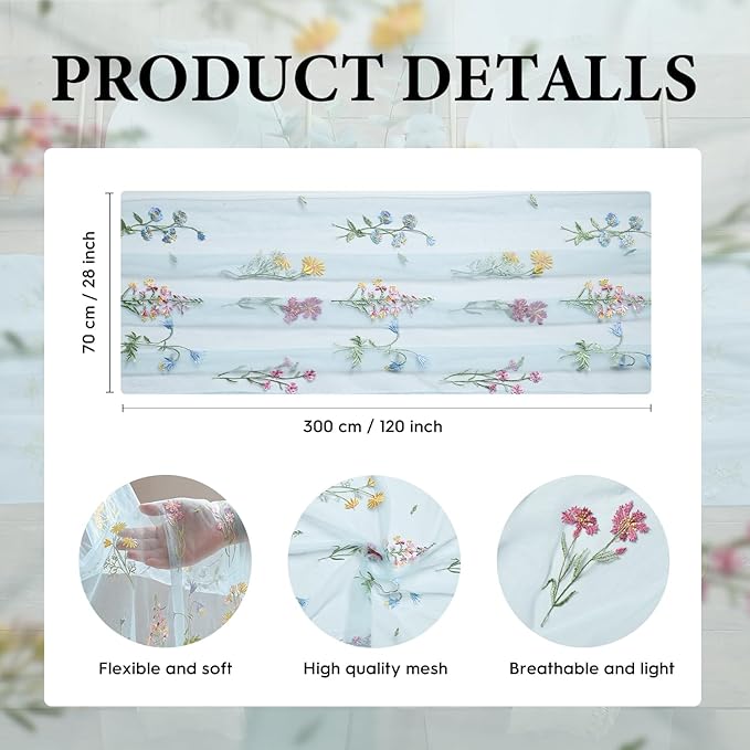 Artoid Mode Wildflower Floral Sky Blue Gauze Embroidery Table Runner 120 Inch 10FT, Tulle Seasonal Spring Kitchen Dining Table Decor for Home Party
