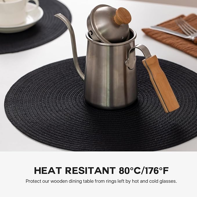 Round Placemats Set of 8 Woven Placemats Washable Braided Table Mats for Dining Table Heat Resistant Non-Slip Circle Place Mats(Black)