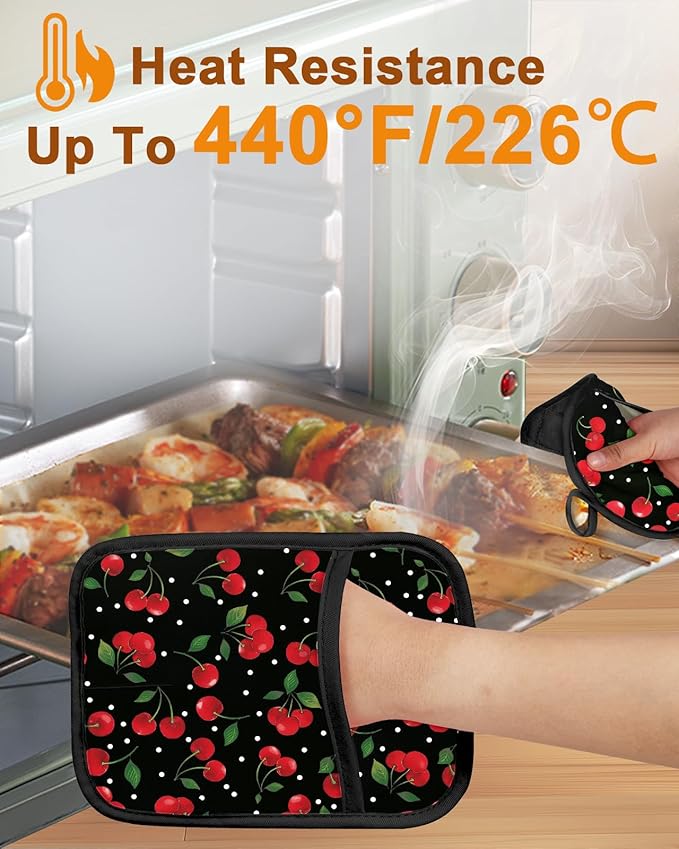 Swooflia 100% Cotton Pot Holders 2 Pack Set for Kitchen with Pockets - Cute 440°F Heat Resistant Oven Hot Pads Heavy Duty for Countertop Home Cooking Baking Microwave BBQ Cherry