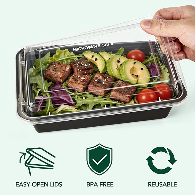 Glotoch 16oz 10-Pack Meal Prep Containers with Lids Reusable, plastic food storage containers sturdy leakproof, Microwave/freezer/dishwasher safe to go food containers, Black