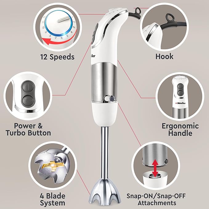 Mueller Multistick 800W 4-in-1 Immersion Blender Handheld, 12 Speed Hand Mixer - Turbo Boost, Heaviest Duty Copper Motor, Titanium Blades Hand Blender, Milk Frother Wand, Whisk, Beaker, Chopper, White
