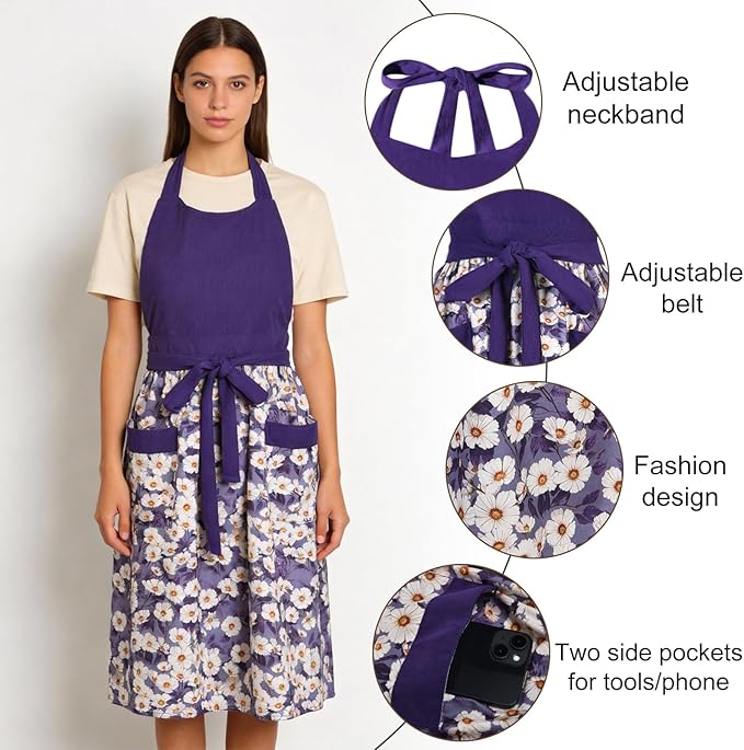 Cute Floral Aprons for Women with Pockets,Cotton Adjustable Neck Strap Apron for Kitchen Cooking Baking Gardening
