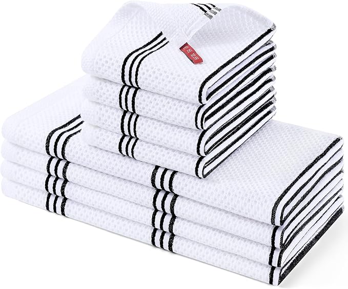 Homaxy Kitchen Towels and Dishcloths Set, 12 x 12 and 13 x 28 Inches, Set of 8 Premium Cotton Waffle Weave Kitchen Towels, Super Soft and Absorbent Dish Cloths, White & Black Stripes