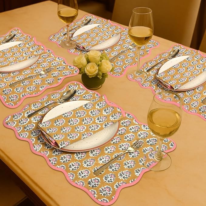 CPC Cotton Placemats Citrine Yellow Set of 4-Hand Block Printed Reversible Placemats, Flower Scalloped & Embroidered Cloth Table Mats - 14 x 20 inch Gift for Spring, Mother's Day