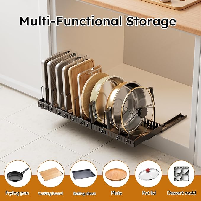 DTUQYX Pull-out Pots and Pans Organizer Under Cabinet - 1 Pack Expandable Pot and Pan Organizer Rack with 12 Adjustable Dividers for Pot, Cutting Board, Dishes, Lid, Baking Tray