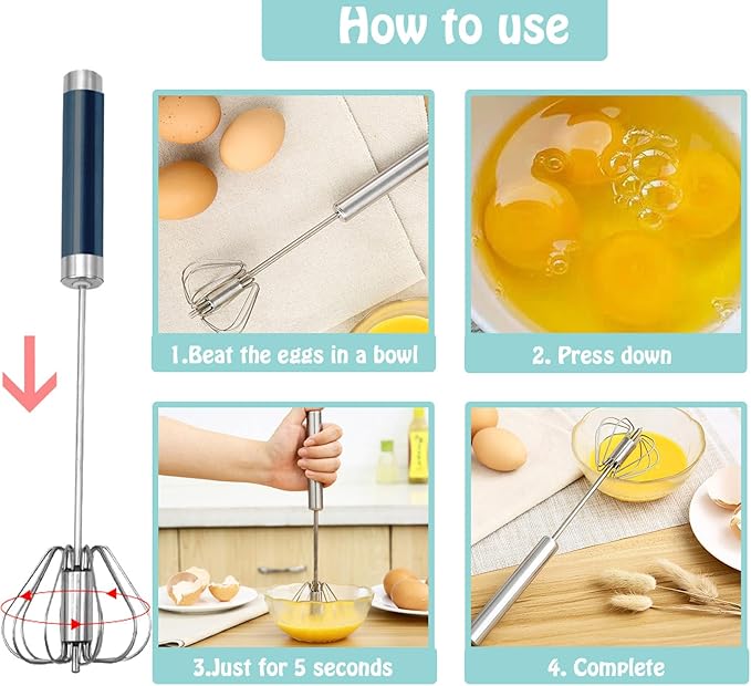 Semi-automatic Whisk, Stainless Steel Egg Beater, Hand Push Rotary Whisks Mixer Stirrer for Making Cream, Whisking, Beating and Stirring (3 Color2)