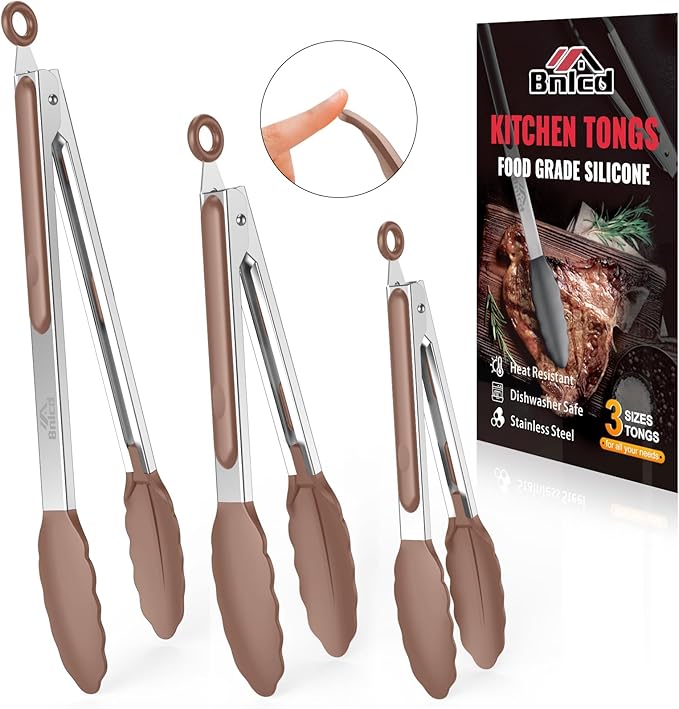 600ºF Heat Resistant Kitchen Tongs, Premium Locking Cooking Tongs with Silicone Tips, Non-Slip Food Tongs for Cooking, Non-Stick, Heavy Duty Stainless Steel Handle, Set of 3-7" 9" and 12" Mud color