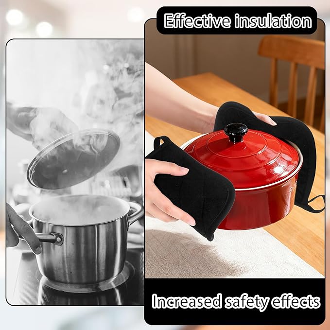 2 Pcs Cotton Pot Holders, 17cm/6.7-Inch Square Potholders for Kitchen, Non Slip Kitchen Pot Holders Cotton Lining Hot Pads for Baking Cooking Oven (Black)