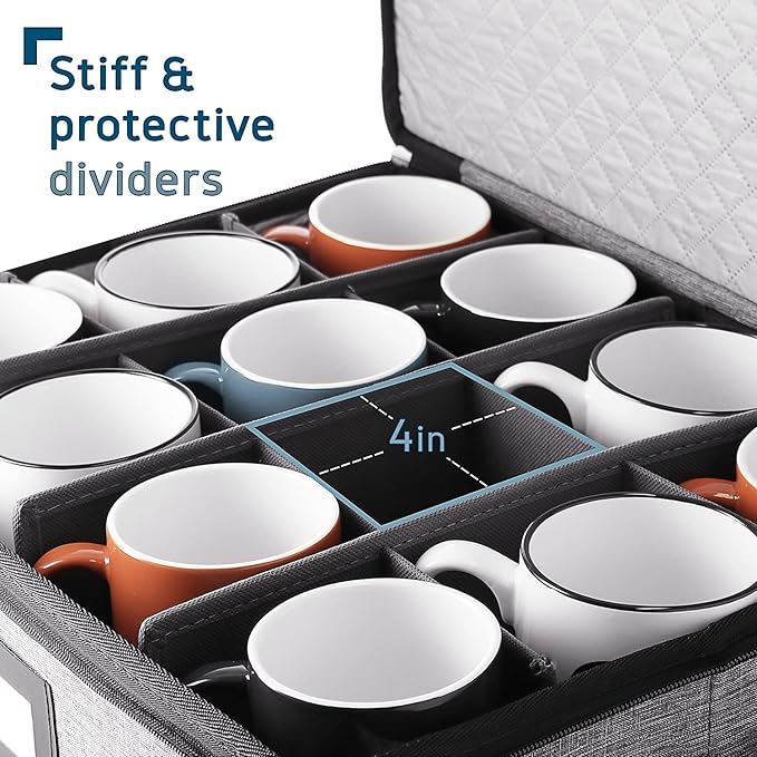 Hearth & Harbor Coffee Mug Storage, Quilted and Stackable Coffee Cup Storage Organizer for Service of 12, Mug Storage Box with Dividers, China Containers Hard Shell for Moving and Organization, Grey