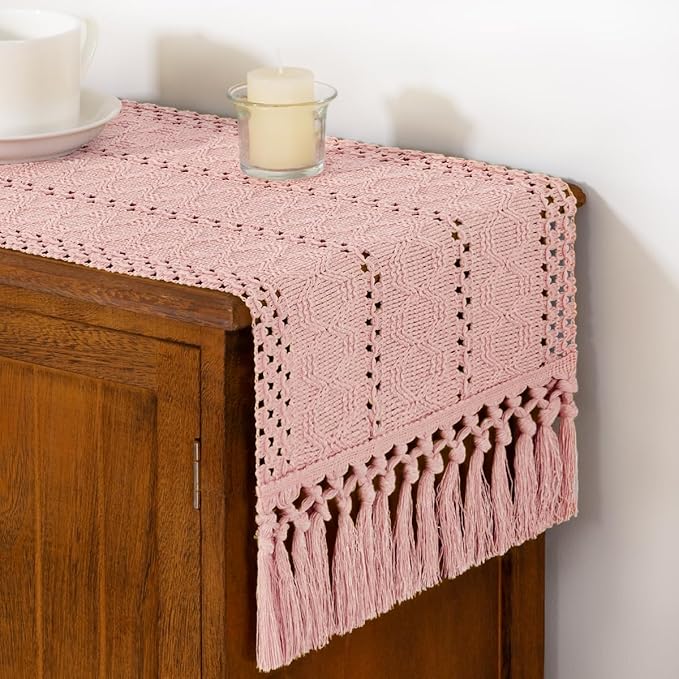 DeZerlor Boho Macrame Table Runner Spring Easter Farmhouse Woven Table Runner with Tassels 108 Inches Pink Cotton Linen Kitchen Table Decor for Dining Dresser Home Tea Table Decor