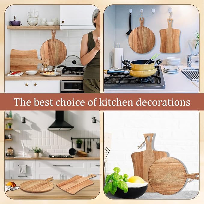 Hsei 2 Pcs Acacia Wood Cutting Board with Handle Wooden Charcuterie Board Large Paddle Carving Chopping Set Butter Serving Tray for Cheese Meat Fruit Pizza Bread Baking(Practical Handle)