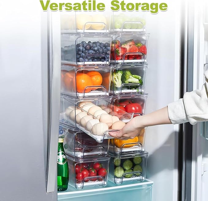 6-Pack Fridge Drawer Organizer, Pull-out Stackable Refrigerator Organizers and Storage, Clear Fruit Storage Containers Bins with Drain Tray for Kitchen Cabinet, Pantry Organization
