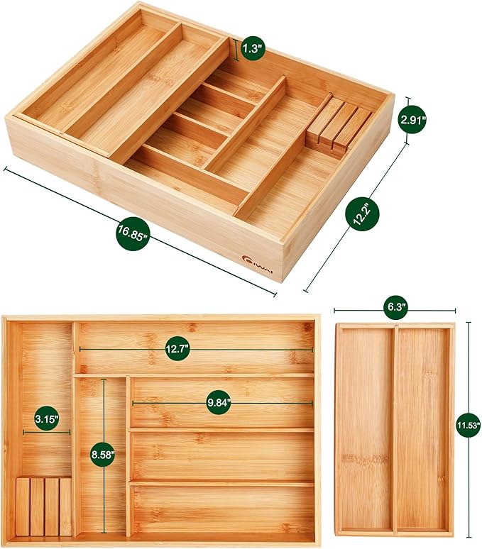 COIWAI Double Layer Bamboo Kitchen Drawer Organizer Cutlery Utensil Silverware Drawer Organizer, Silverware Tray for Drawer Removable Utensil Holder Flatware Organizer Multi-use Storage Box (L)