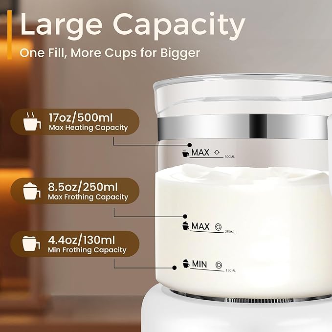 Milk Frother and Steamer, 6 in 1 Milk Steamer and Milk Warmer, 17oz Auto Shut Off Electric Frother with Touch Screen, Hot/Cold Foam Maker for Coffee, Latte, Cappuccino, Hot Chocolate,White