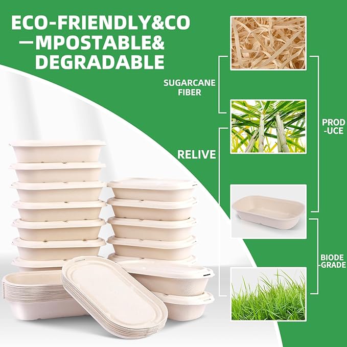 50Pcs(24oz) Disposable Meal Prep Food Containers with Lids,Lunch Salads Microwaveable and Freezable Compostable Safe Non Plastic Food Storage，Biodegradable Take Out Food Bento Boxes.