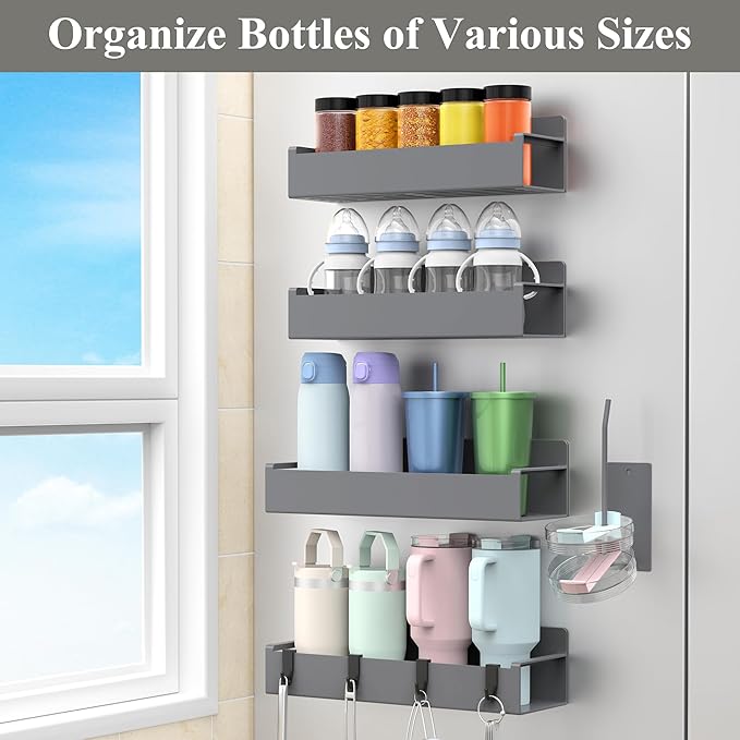 HuggieGems Magnetic Water Bottle Holder for Refrigerator, Cup Holder Organizer for Stanley and Tumbler for Kitchen, 4 Pack, Dark Gray