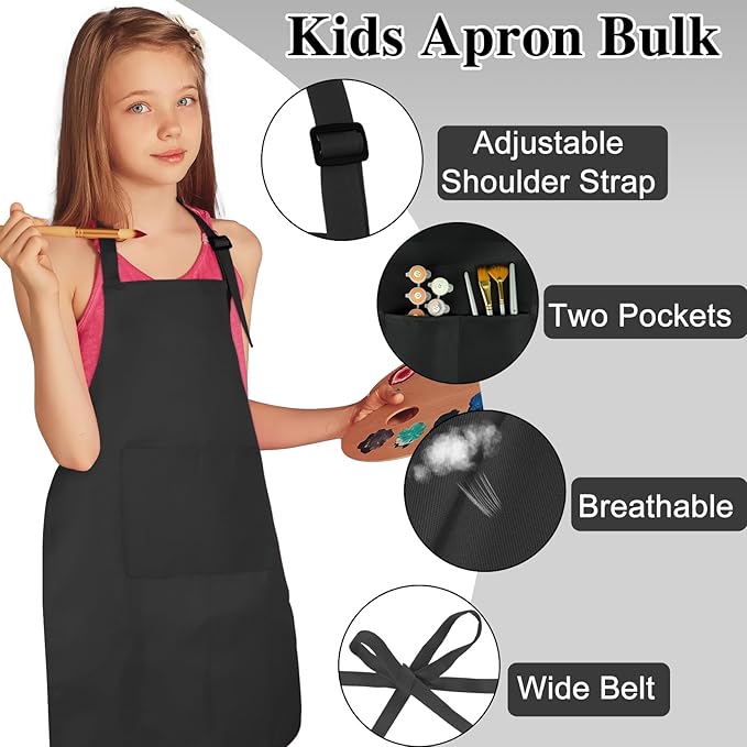 6 Pack Kids Apron bulk with 2 Pockets Adjustable Chef Art Apron Kids Painting Aprons for Cooking Baking Painting Crafting Grilling Activity（Black）