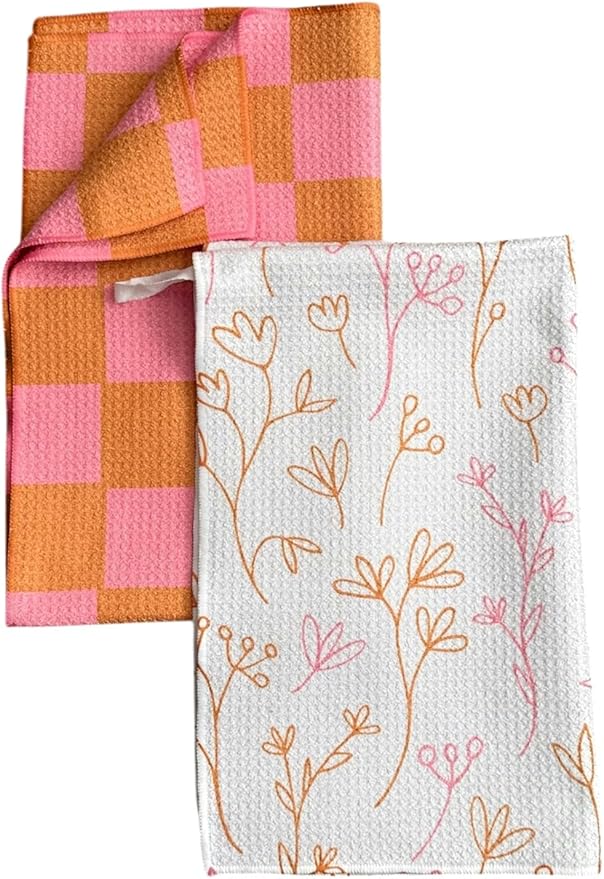 2 Pack Double Sided Kitchen Towels || Dish Towels || Quick Dry || Designer Prints || Highly Absorbent || Hanging Hook (Pink)