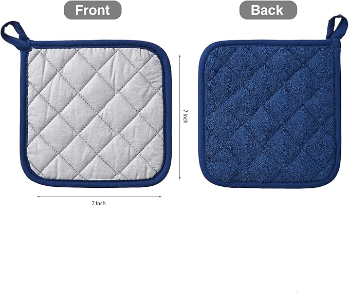 Kitchen Pot Holders Set Heat Resistant Pure Cotton Potholders Kit Trivets Large Coasters Hot Pads Terry Pot Holders for Everyday Cooking and Baking by 7 x 7 Inch Set of 6 Dark Blue