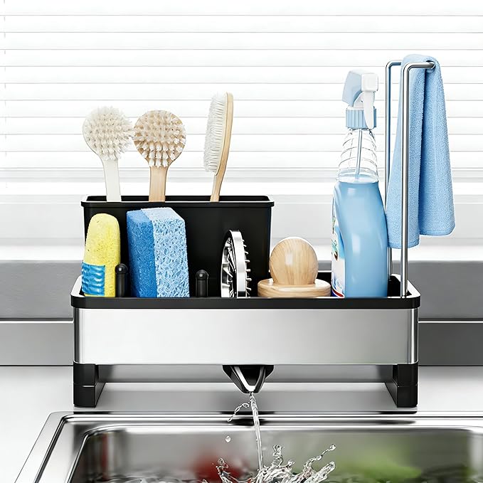 304 Stainless Steel Sink Caddy with Auto-Drain, Rustproof Kitchen Sink Organizer, Sponge Holder with Removable Brush & Towel Rack, Countertop Storage for Soap Dispenser, Kitchen Accessories, Black