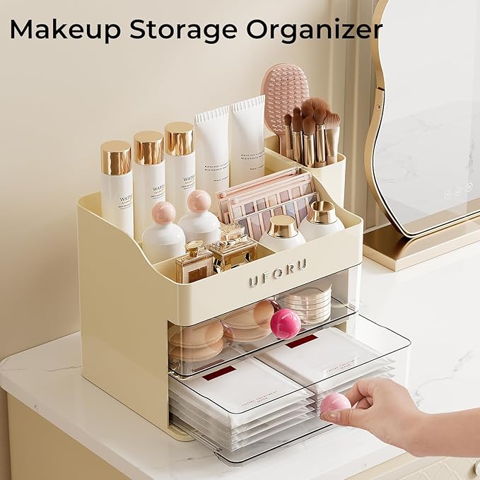 Makeup Organizer for Vanity with Brush Holder, Countertop Skincare Organizer with 2 Drawers, Spacious Cosmetic Display Case for Perfumes, Eyeshadow Palettes, Nail Polishes