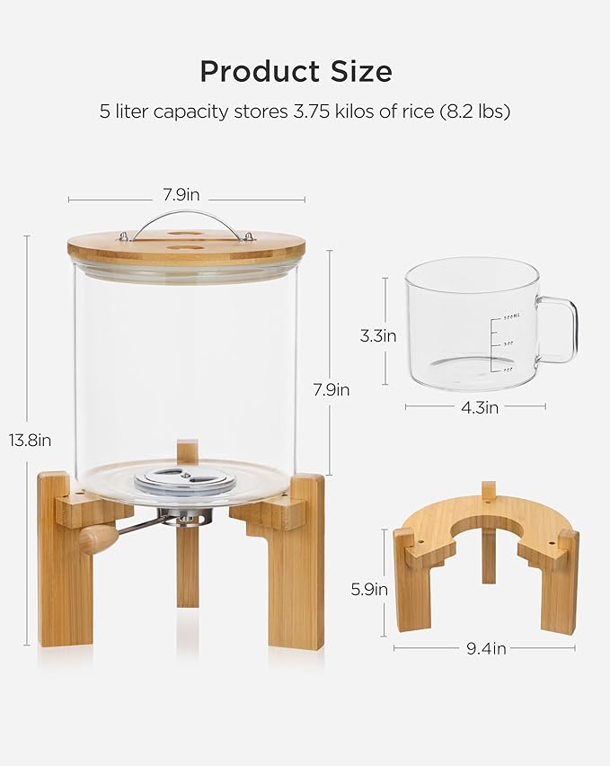 8-10 Lbs Glass Rice Dispenser with Wooden Stand Flour and Cereal Container with Glass Measuring Cup Pantry Food Organization Storage Bin with Airtight Bamboo Lid, 5L