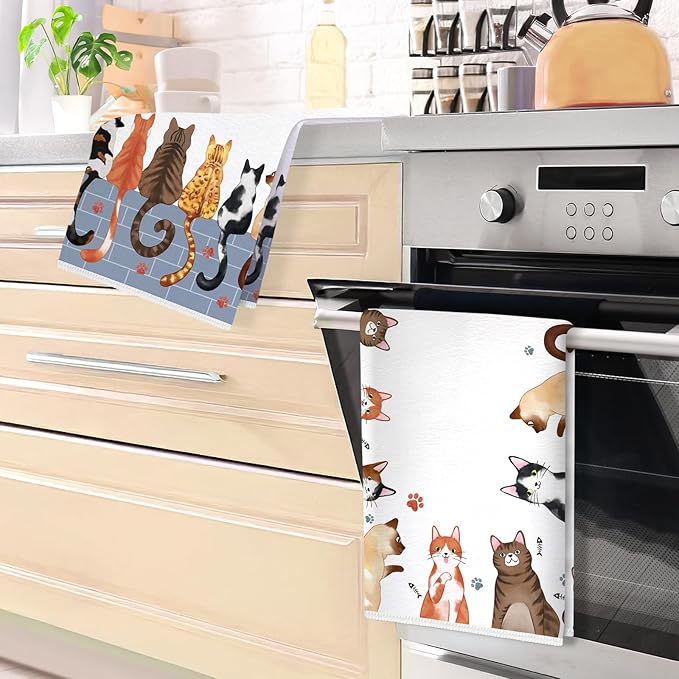 Cute Cat Microfiber Kitchen Towels, Gift for Cat Lovers, Soft Absorbent Hand Towel 15.7 × 23.6 Inch, Thick Dish Cloth for Party Anniversary Holiday Decoration, Housewarming Gifts for Mom