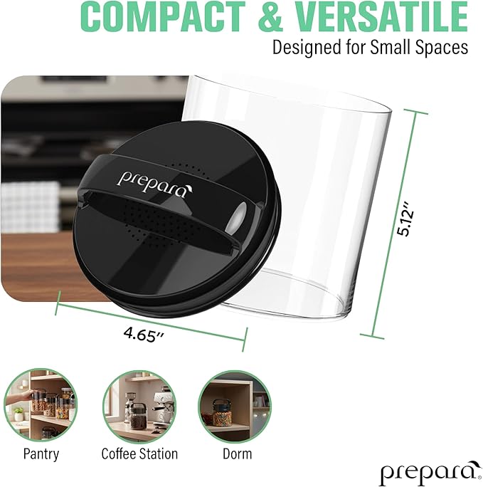 Prepara Evak Fresh Saver Short Airtight Containers, Medium - Black Handle with Patented Twin-Valve System, BPA Free Stackable Storage Canisters for Pantry Organization - Dishwasher Safe (2-Pack)