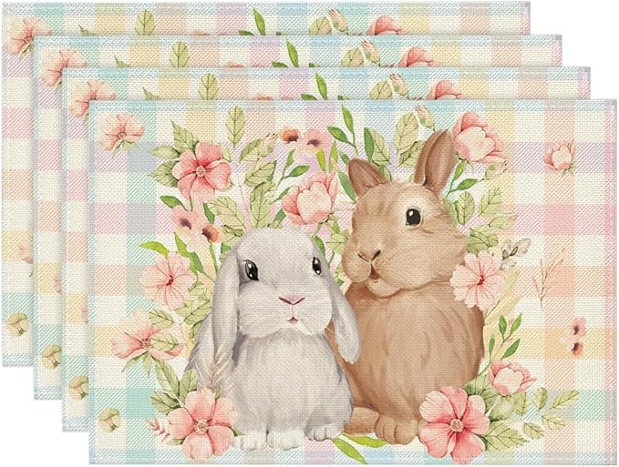 Artoid Mode Bunny Rabbit Flowers Floral Buffalo Plaid Easter Placemats Set of 4, 12x18 Inch Spring Table Mats for Party Kitchen Dining Decoration