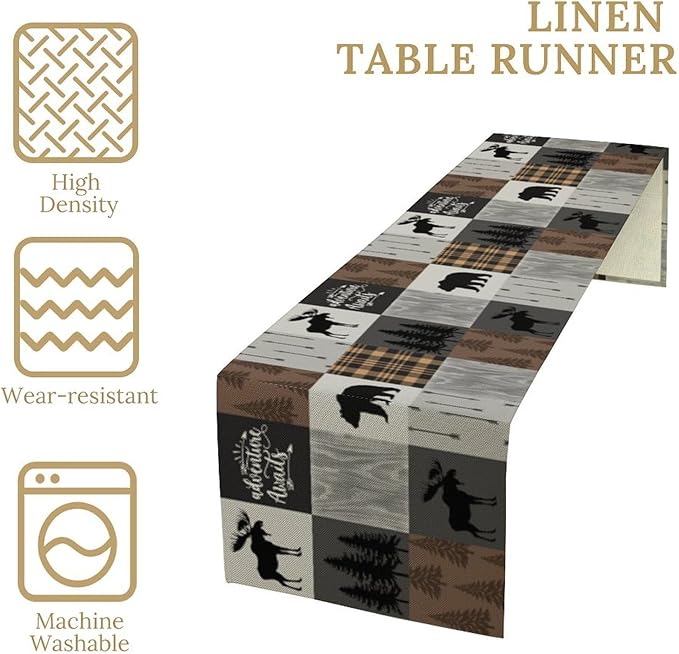 Rustic Cabin Bear Table Runner Retro Deer Moose Hunting Country Plaid Art Printed Runner for Home Kitchen Dining Table Living Room Decor Fabric 1 Panel W13xL70in