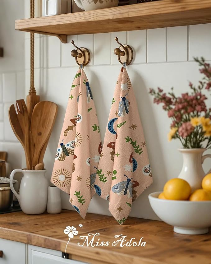 Miss Adola Flour Sack Kitchen Towels - Set of 2 Cotton Dish Towels with Hanging Loop Decorative 18x26 Inch Absorbent Cute Design for Housewarming Gifts, Mushroom