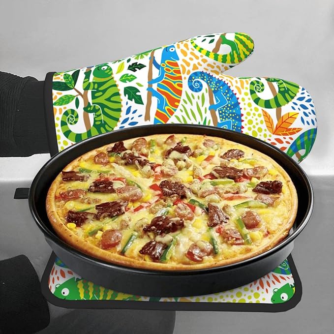 Cute Chameleon with Tropical Plants Oven Mitts and Pot Holders Heat Resistant Oven Mitts Safe for Baking Cooking BBQ