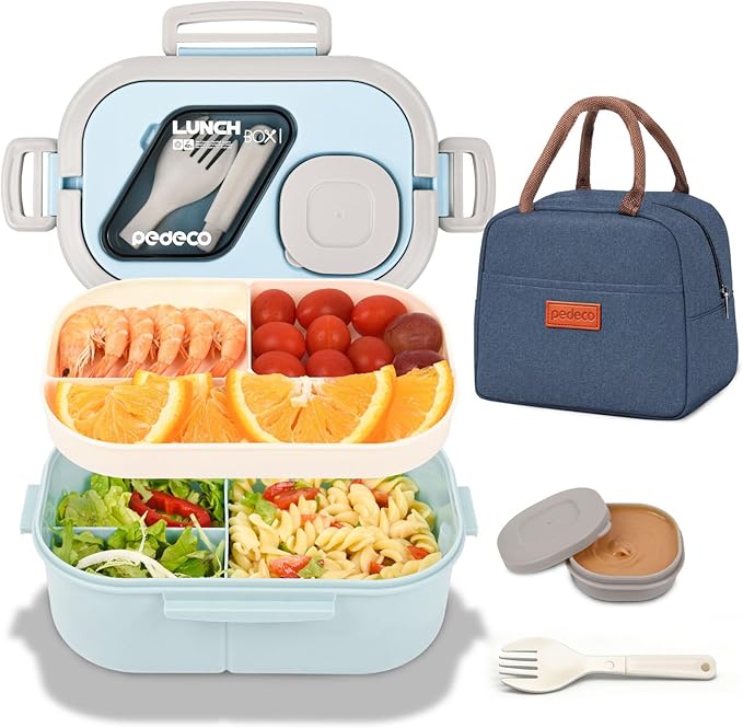 PEDECO Lunch Containers Bento Box Set for Adults & Kids with Insulated Bag, Leakproof 3-Compartment and 2-Tier Stackable Container with Portable Sauce Pod, Microwave/Dishwasher Safe, BPA-Free (Blue)