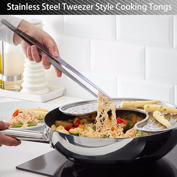 JETKONG 2 Pcs 12-Inch Cooking Tweezers Stainless Steel, Straight Food Tweezers, Professional Kitchen Tweezer/Forceps for Cooking Repairing and BBQ (12-Inch, Silver)