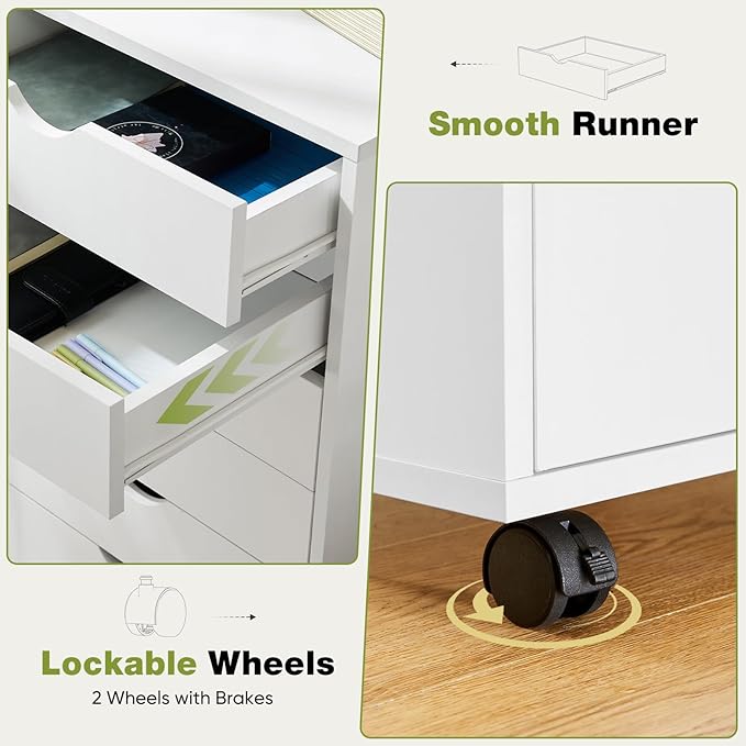 Sweetcrispy 5 Drawer Chest Mobile Storage Cabinets Small Wooden Dresser with Wheels Room Organization Furniture for Office Home, White Wood